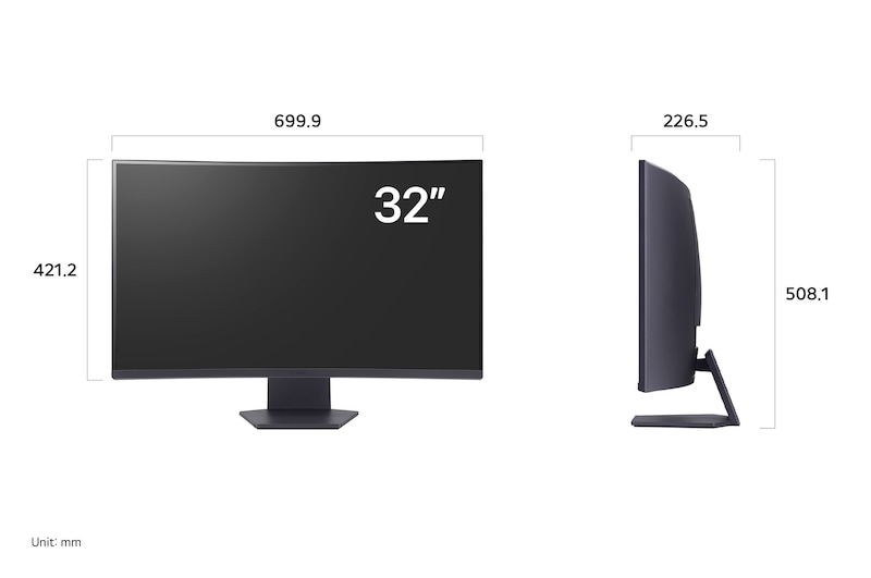 LG UltraGear Monitor 32GS60QC displaying product dimensions in front and side profile, measuring 699.9 mm width, 421.2 mm display height, 508.1 mm total height, and 226.5 mm depth.