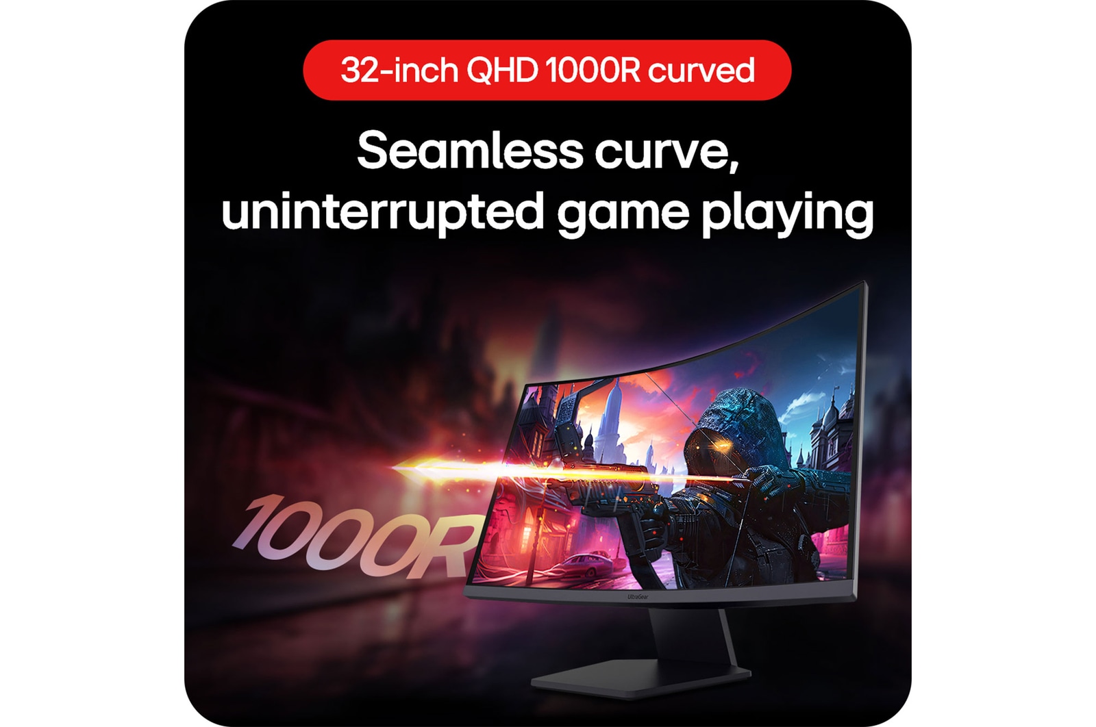 LG UltraGear Gaming Monitor 32GS60QC, showcasing the seamless curve of the 32-inch QHD 1000R curved display for uninterrupted game playing.