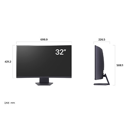 LG UltraGear Monitor 32GS60QC displaying product dimensions in front and side profile, measuring 699.9 mm width, 421.2 mm display height, 508.1 mm total height, and 226.5 mm depth.