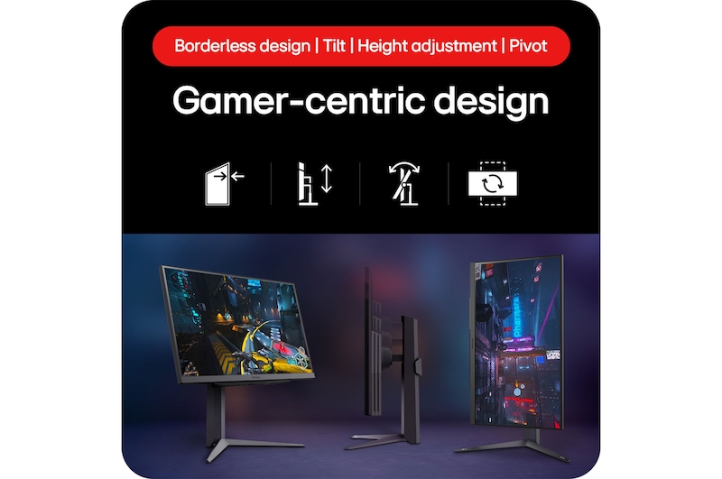 LG UltraGear Gaming Monitor 27GS75Q-B showcasing its Gamer-oriented Design with Borderless Design, Tilt, Height adjustment, and Pivot functionality.