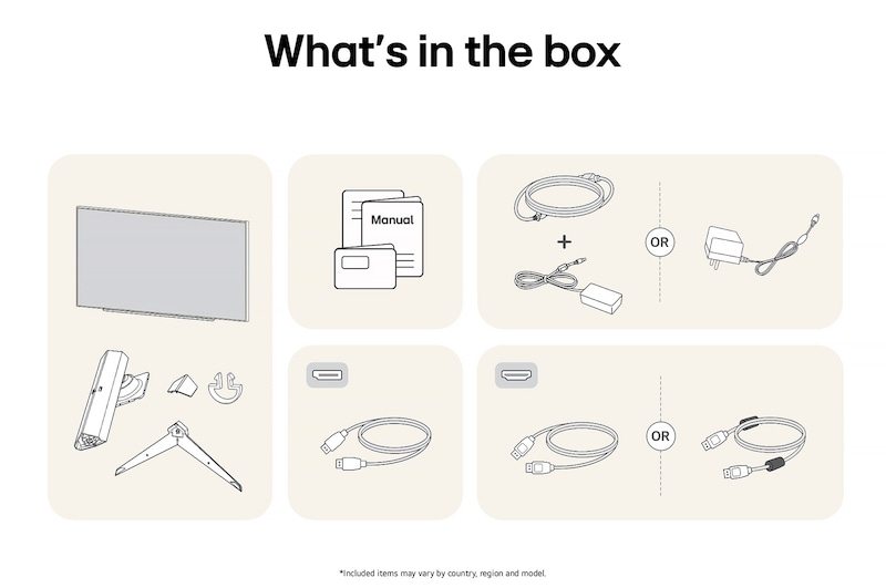 LG UltraGear Gaming Monitor 27GS75Q-B showing an overview of all included components, including the monitor body, stand parts, manual, and HDMI, DP, and USB cables.