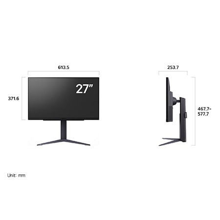 LG UltraGear Monitor 27GS75Q-B displaying product dimensions in front and side profile, measuring 613.5 mm width, 371.6 mm display height, 467.7 mm total height, and 253.7 mm depth.