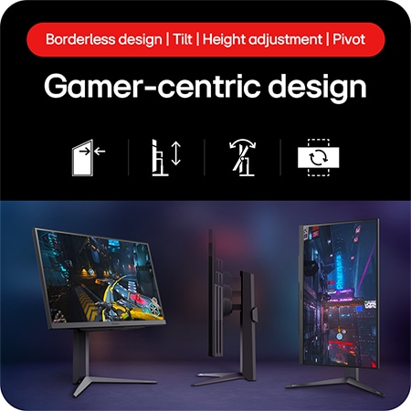 LG UltraGear Gaming Monitor 27GS75Q-B showcasing its Gamer-oriented Design with Borderless Design, Tilt, Height adjustment, and Pivot functionality.
