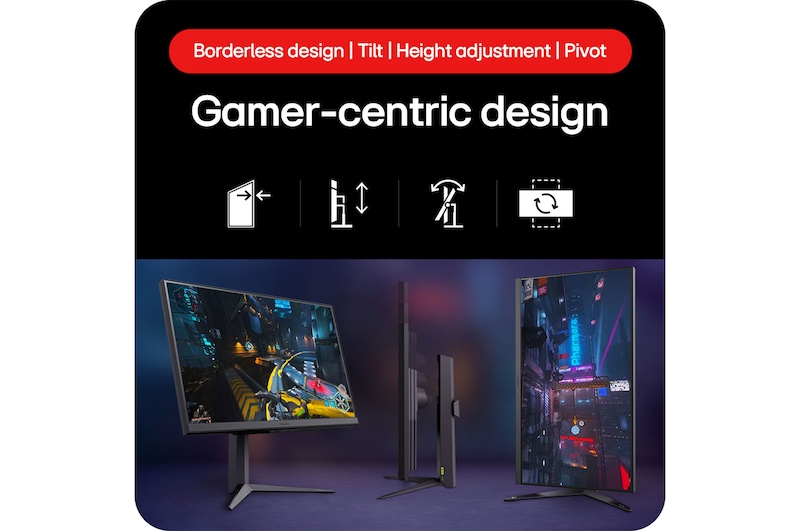 LG UltraGear Gaming Monitor 32GS75Q showcasing its Gamer-oriented Design with Borderless Design, Tilt, Height adjustment, and Pivot functionality.
