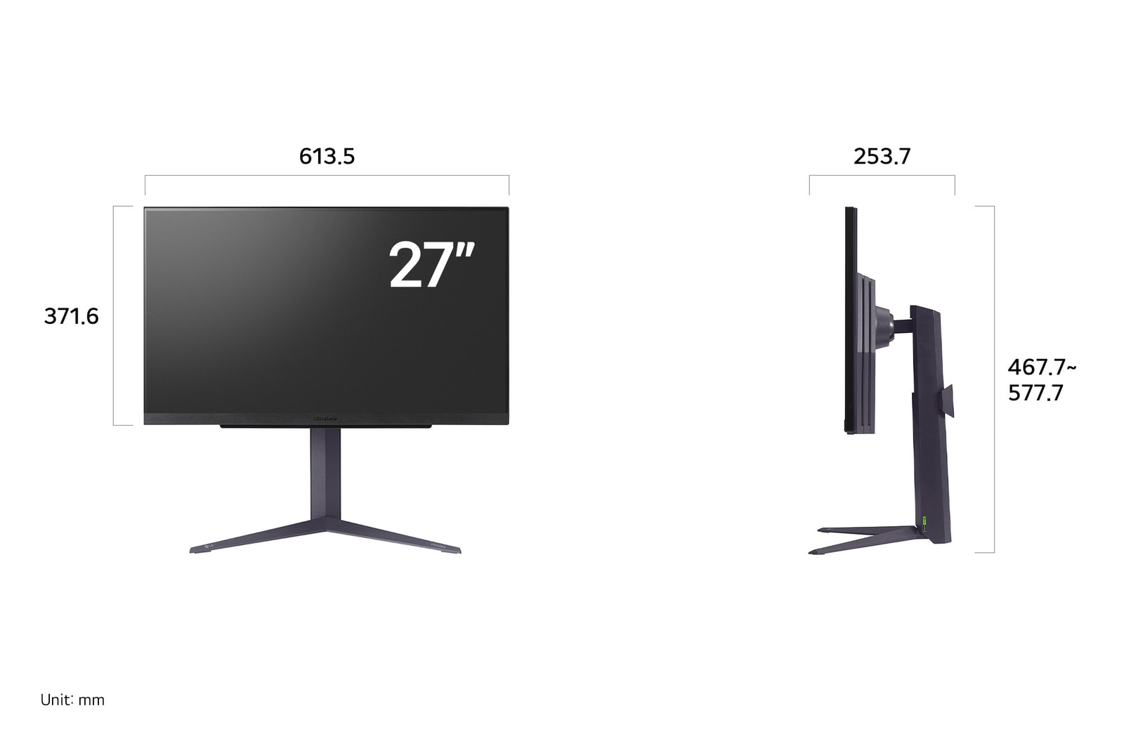 Dimensions of the LG UltraGear™ Gaming Monitor 27GS85Q-B (27 inches): Width 613.5 mm, Height 467.7–577.7 mm, and Depth 253.7 mm (with height-adjustable stand).