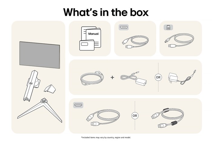 Contents of the LG UltraGear™ Gaming Monitor 27GS85Q-B box: 27-inch display, stand components, manuals, plus HDMI, DisplayPort, and USB cables, and the power cable/adapter.