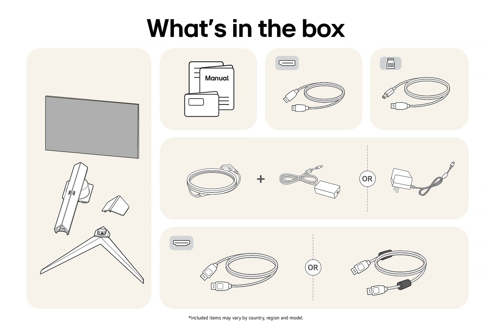 Contents of the LG UltraGear™ Gaming Monitor 27GS85Q-B box: 27-inch display, stand components, manuals, plus HDMI, DisplayPort, and USB cables, and the power cable/adapter.