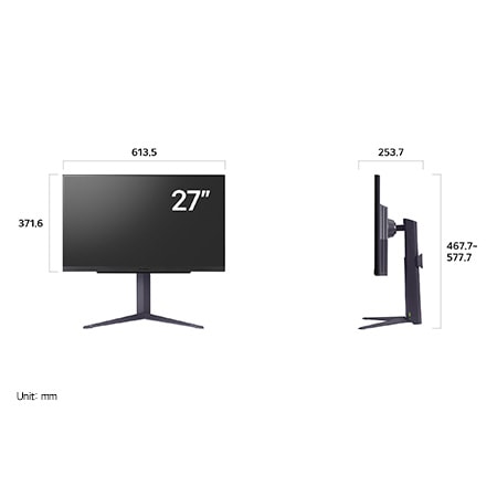 Dimensions of the LG UltraGear™ Gaming Monitor 27GS85Q-B (27 inches): Width 613.5 mm, Height 467.7–577.7 mm, and Depth 253.7 mm (with height-adjustable stand).