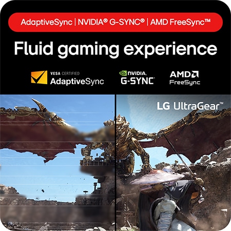 LG UltraGear™ Gaming Monitor 27GS85Q-B, compatible with AdaptiveSync, NVIDIA® G-SYNC® Compatible, and AMD FreeSync™ Premium for a fluid, tear-free gaming experience.