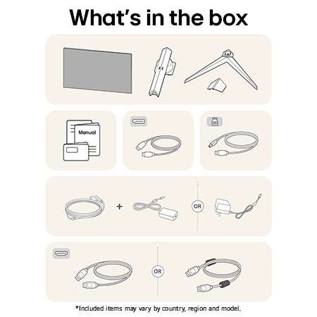 Contents of the LG UltraGear™ Gaming Monitor 27GS85Q-B box: 27-inch display, stand components, manuals, plus HDMI, DisplayPort, and USB cables, and the power cable/adapter.