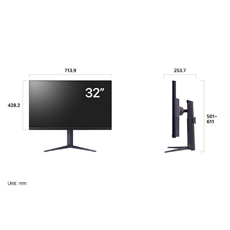 Dimensions of the LG UltraGear™ Gaming Monitor 32GS85Q-B (32 inches): Width 713.9 mm, Height 501–611 mm, and Depth 253.7 mm (with height-adjustable stand).