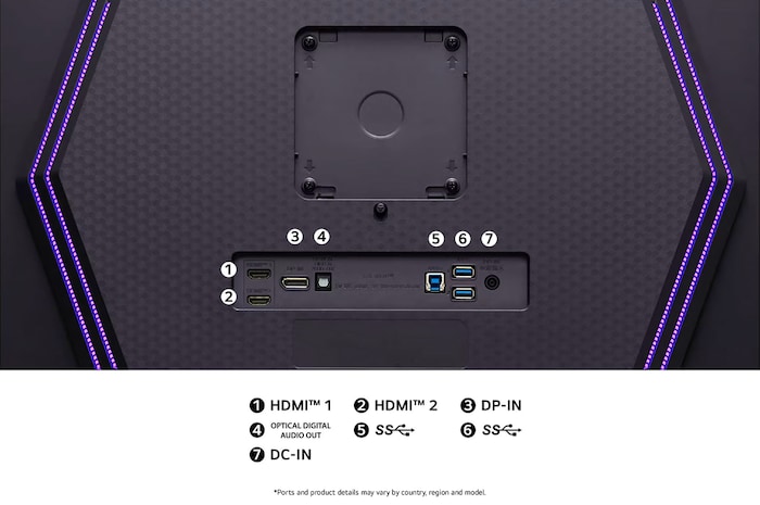 Rear view of the LG UltraGear Monitor 27GS95QE-B with RGB lighting accents, illustrating the port specifications including two HDMI™ ports, DP-IN, Optical Digital Audio Out, and two SuperSpeed USB ports.