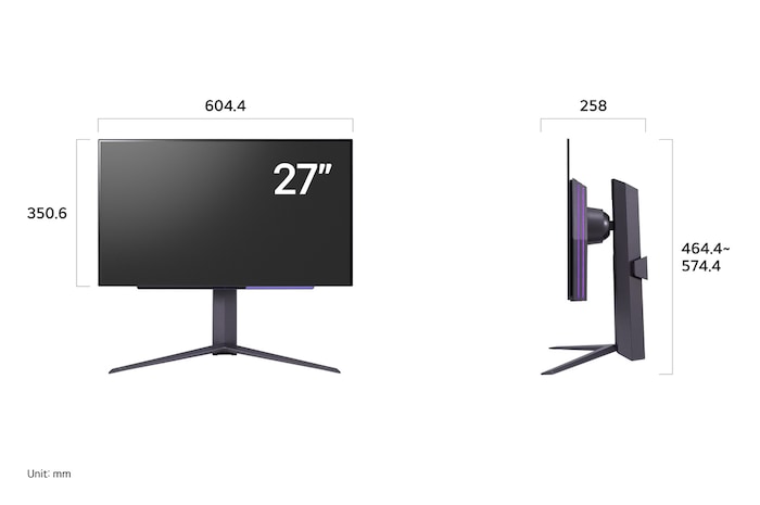 LG UltraGear Monitor 27GS95QE-B displaying product dimensions in front and side profile, measuring 604.4 mm width, 350.6 mm display height, 464.4 mm total height, and 258 mm depth.