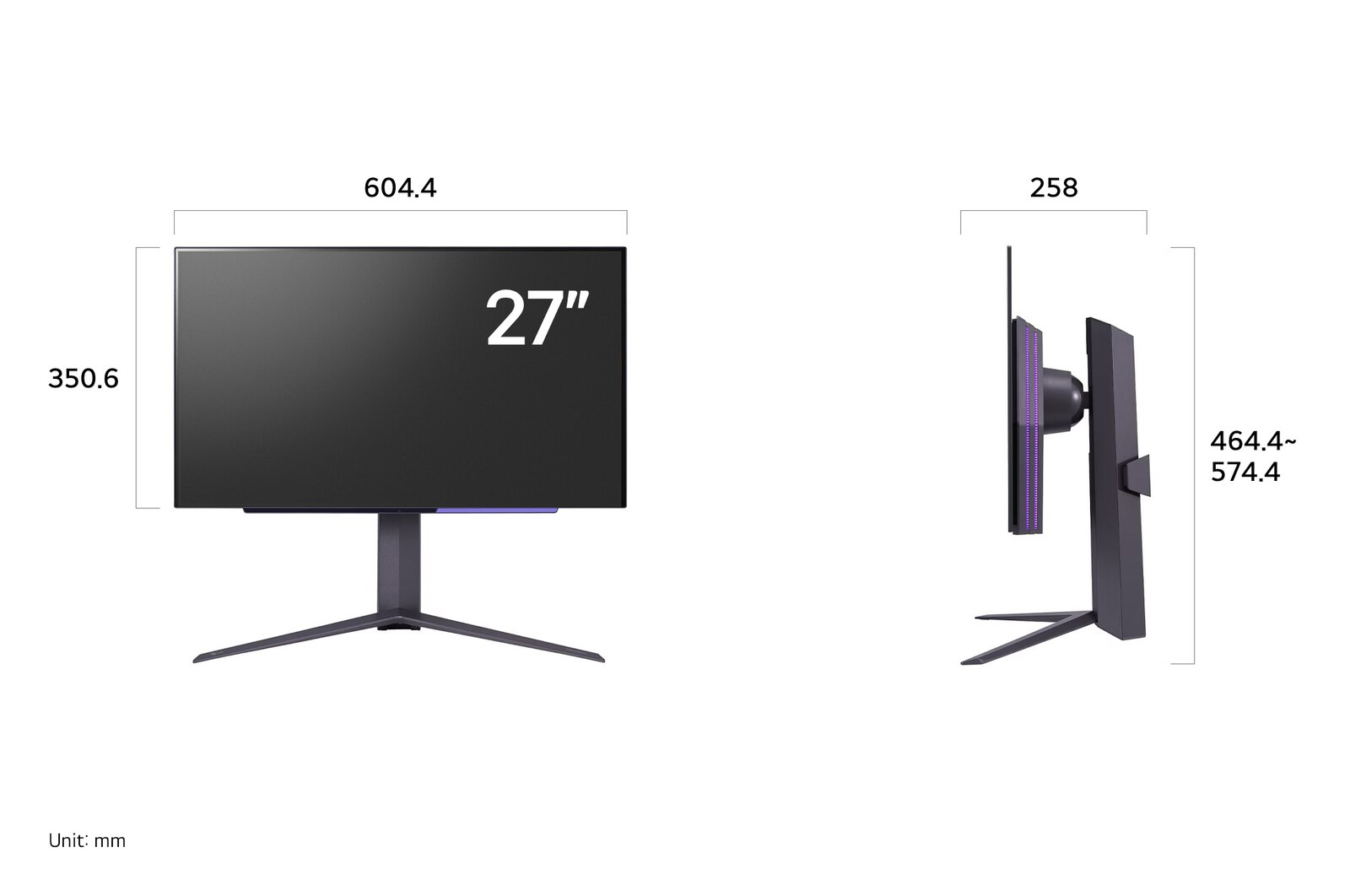 LG UltraGear Monitor 27GS95QE-B displaying product dimensions in front and side profile, measuring 604.4 mm width, 350.6 mm display height, 464.4 mm total height, and 258 mm depth.