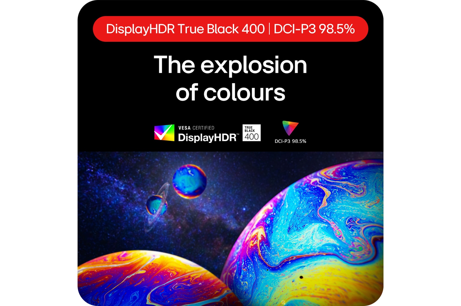 LG UltraGear Gaming Monitor 27GS95QE-B showcasing an explosion of colors thanks to DisplayHDR True Black 400 and DCI-P3 98.5% color gamut coverage.