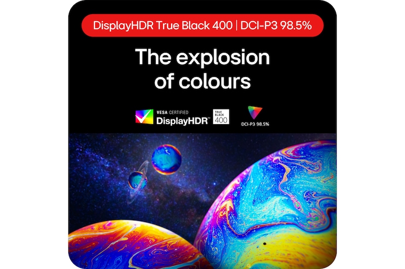 LG UltraGear Gaming Monitor 27GS95QE-B showcasing an explosion of colors thanks to DisplayHDR True Black 400 and DCI-P3 98.5% color gamut coverage.