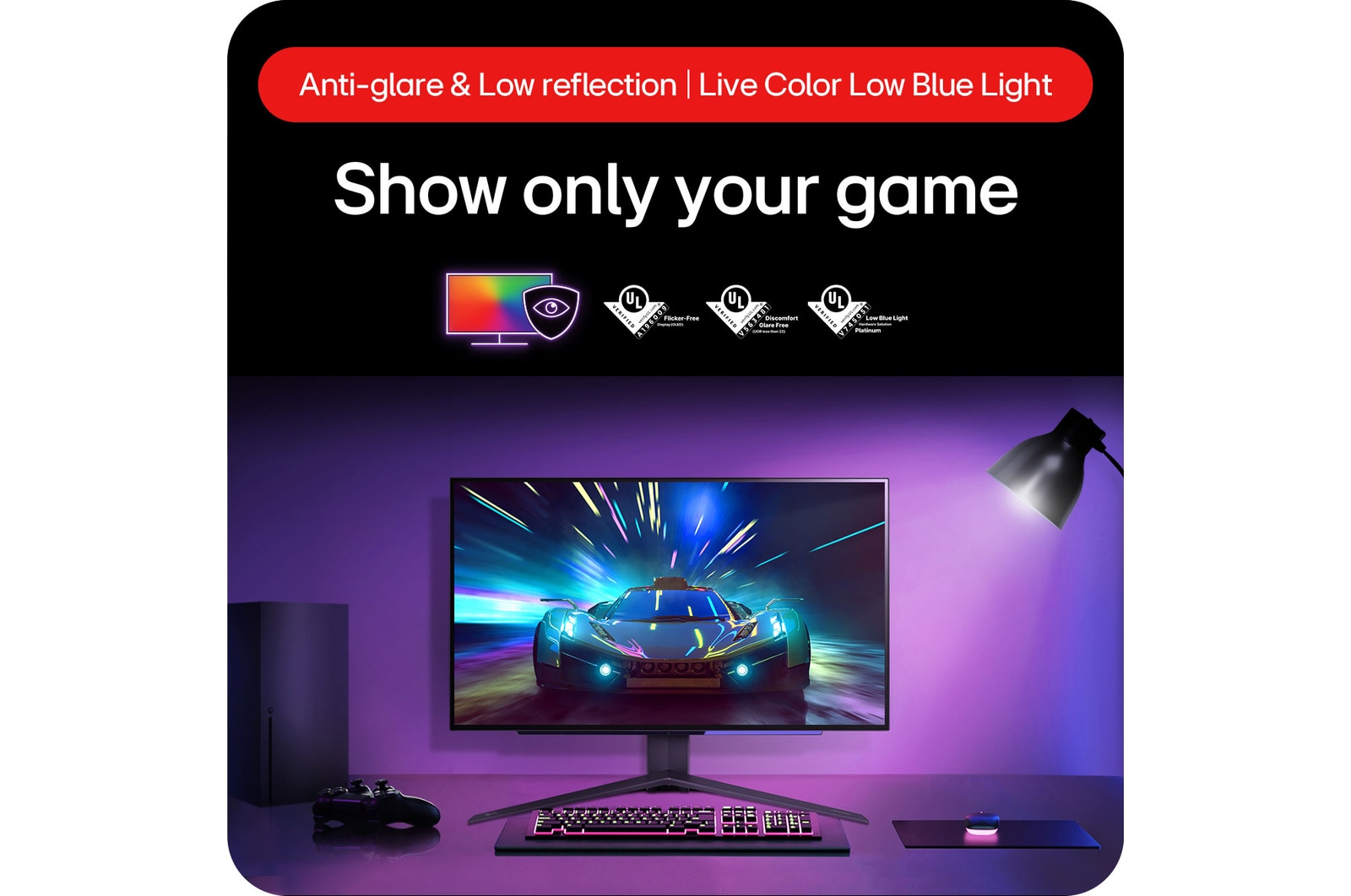 LG UltraGear Gaming Monitor 27GS95QE-B, featuring an anti-glare display with low reflection technology to minimize viewing distraction.