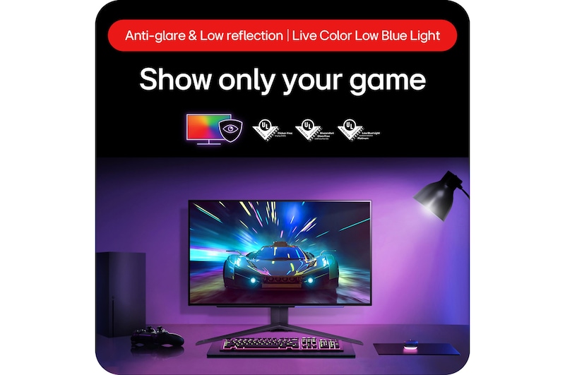 LG UltraGear Gaming Monitor 27GS95QE-B, featuring an anti-glare display with low reflection technology to minimize viewing distraction.