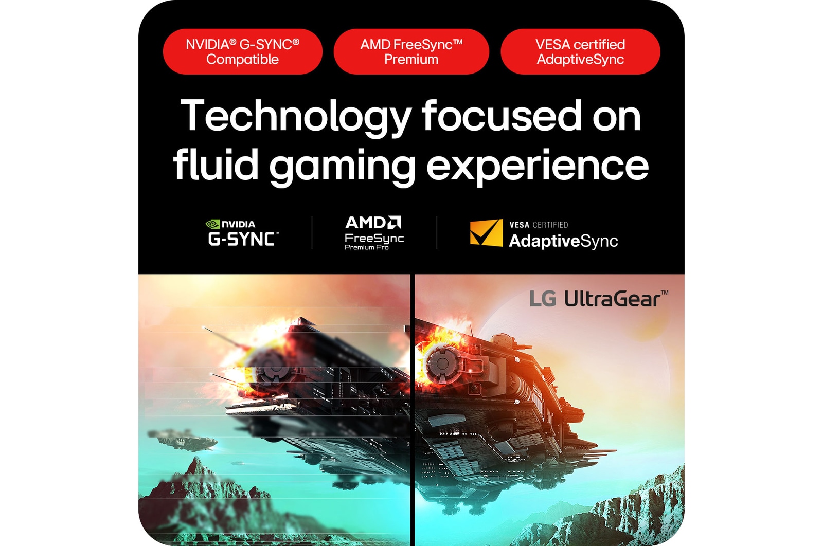 LG UltraGear Gaming Monitor 27GS95QE-B ensures a fluid gaming experience with NVIDIA® G-SYNC® Compatible and AMD FreeSync™ Premium technology.