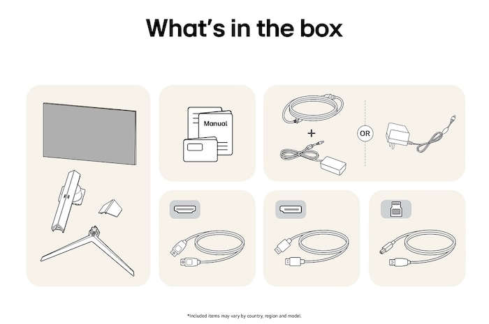LG UltraGear Gaming Monitor 27GS95QE-B showing an overview of all included components, including the monitor body, stand parts, manual, and HDMI, DP, and USB cables.