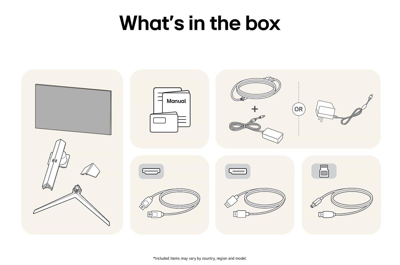 LG UltraGear Gaming Monitor 27GS95QE-B showing an overview of all included components, including the monitor body, stand parts, manual, and HDMI, DP, and USB cables.