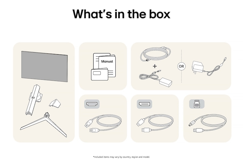 LG UltraGear Gaming Monitor 27GS95QE-B showing an overview of all included components, including the monitor body, stand parts, manual, and HDMI, DP, and USB cables.