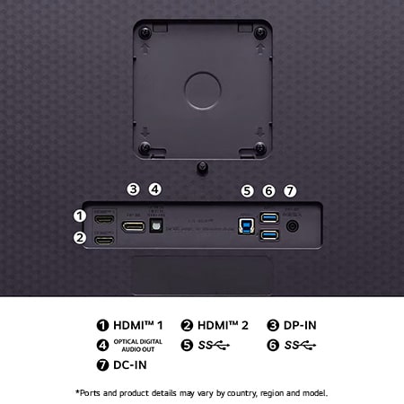 Rear view of the LG UltraGear Monitor 27GS95QE-B with RGB lighting accents, illustrating the port specifications including two HDMI™ ports, DP-IN, Optical Digital Audio Out, and two SuperSpeed USB ports.