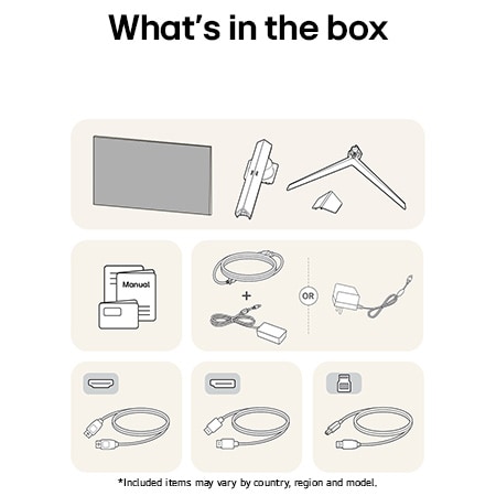 LG UltraGear Gaming Monitor 27GS95QE-B showing an overview of all included components, including the monitor body, stand parts, manual, and HDMI, DP, and USB cables.