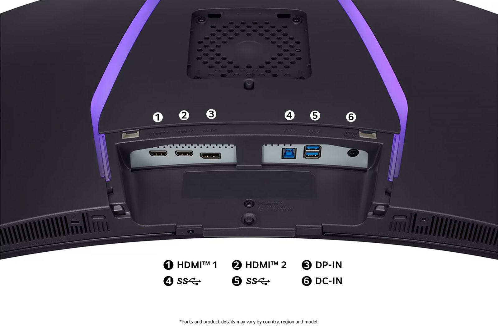 Rear curved view of the LG UltraGear Monitor 39GS95QE with RGB lighting accents, illustrating the port specifications including two HDMI™ ports, DP-IN, two SuperSpeed USB ports, and DC-IN power input.