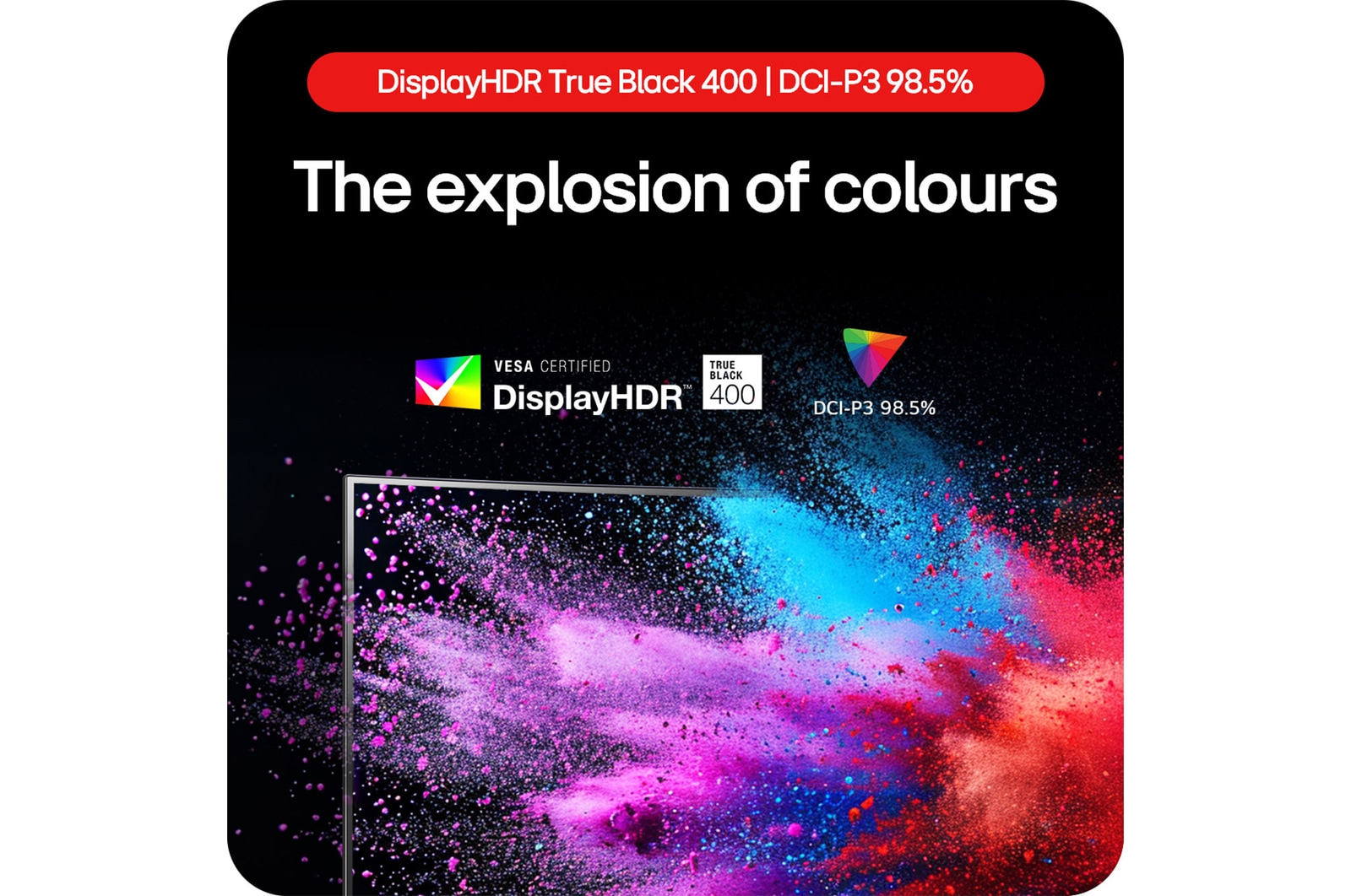 LG UltraGear Gaming Monitor 39GS95QE showcasing an explosion of colors thanks to DisplayHDR True Black 400 and DCI-P3 98.5% color gamut coverage.