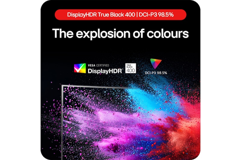 LG UltraGear Gaming Monitor 39GS95QE showcasing an explosion of colors thanks to DisplayHDR True Black 400 and DCI-P3 98.5% color gamut coverage.