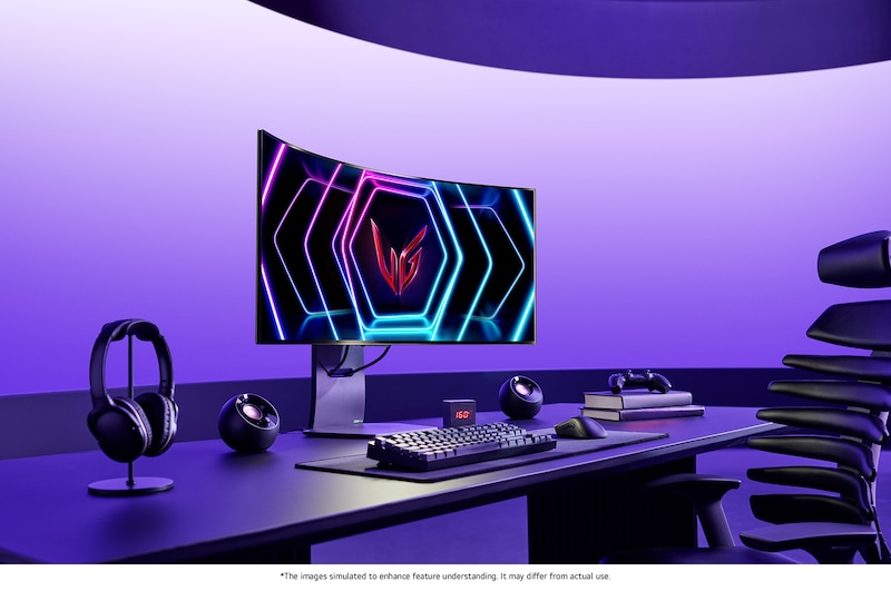 LG UltraGear Gaming Monitor 39GS95QE in a modern gaming setup, showcasing its curved, immersive 39-inch display and stylish stand design.