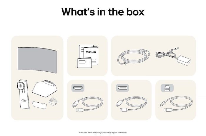 LG UltraGear Gaming Monitor 39GS95QE showing an overview of all included components, including the monitor body, stand parts, manual, and HDMI, DP, and USB cables.