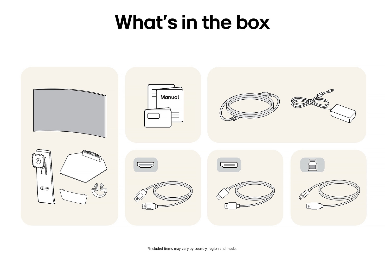 LG UltraGear Gaming Monitor 39GS95QE showing an overview of all included components, including the monitor body, stand parts, manual, and HDMI, DP, and USB cables.