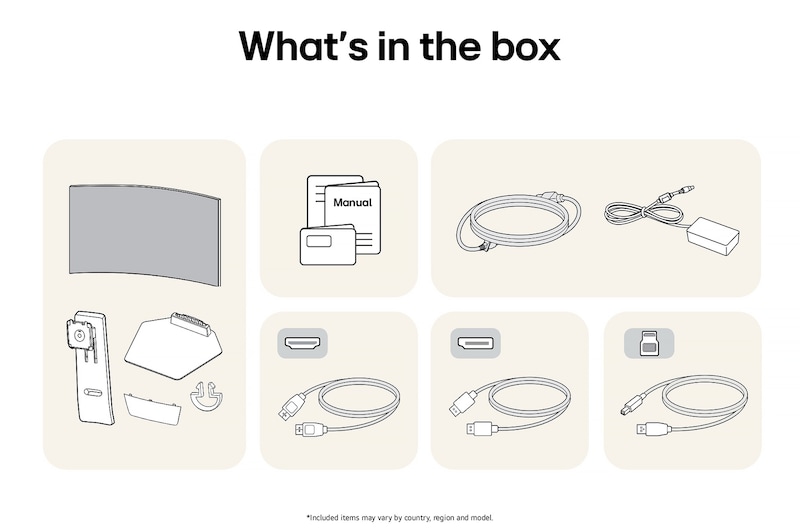 LG UltraGear Gaming Monitor 39GS95QE showing an overview of all included components, including the monitor body, stand parts, manual, and HDMI, DP, and USB cables.