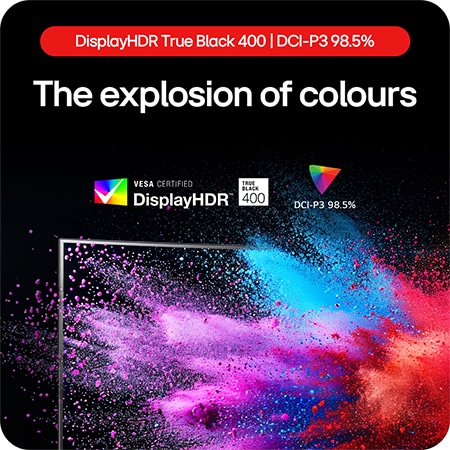 LG UltraGear Gaming Monitor 39GS95QE showcasing an explosion of colors thanks to DisplayHDR True Black 400 and DCI-P3 98.5% color gamut coverage.