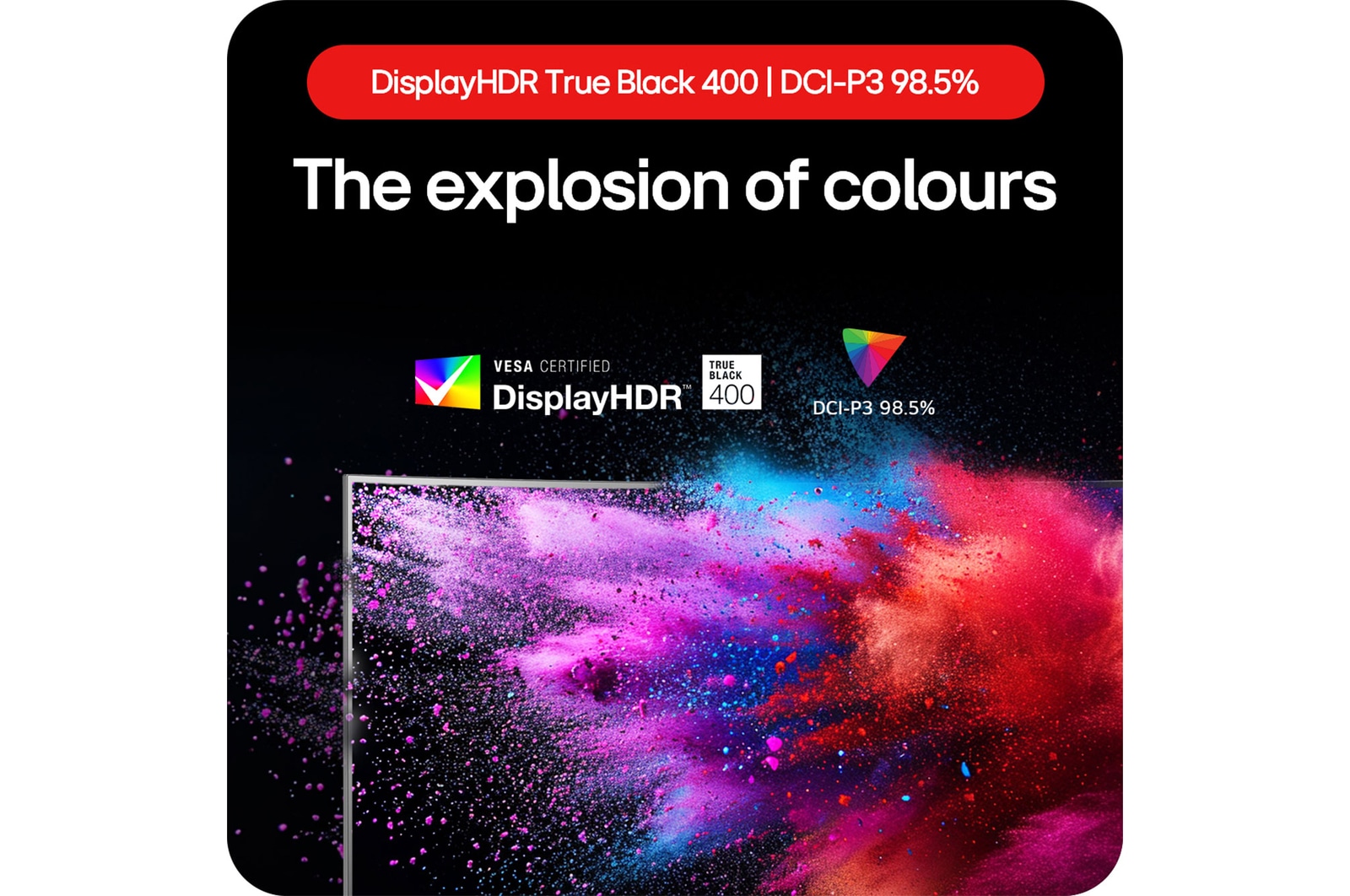 LG UltraGear Gaming Monitor 45GS95QE-B showcasing an explosion of colors thanks to DisplayHDR True Black 400 and DCI-P3 98.5% color gamut coverage.