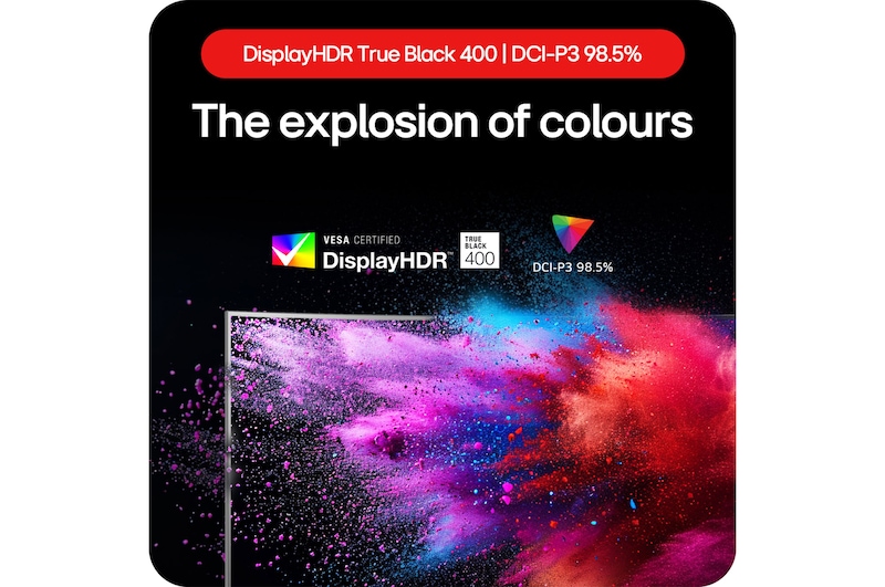 LG UltraGear Gaming Monitor 45GS95QE-B showcasing an explosion of colors thanks to DisplayHDR True Black 400 and DCI-P3 98.5% color gamut coverage.
