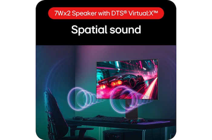 LG UltraGear Gaming Monitor 32GS95UV-B, providing immersive surround sound with integrated 7W dual speakers and DTS® Virtual:X™.