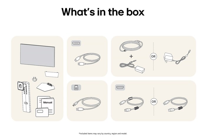 Image of the accessories included with the LG UltraGear Monitor 32GS95UV-B, detailing the manual, AC power adapter, and the included HDMI or DisplayPort cable options.