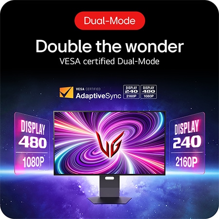 LG UltraGear Gaming Monitor 32GS95UV-B, showcasing the VESA-certified Dual Mode feature with 4K 240Hz and Full HD 480Hz refresh rates.