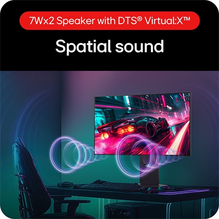 LG UltraGear Gaming Monitor 32GS95UV-B, providing immersive surround sound with integrated 7W dual speakers and DTS® Virtual:X™.