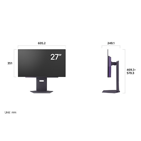 LG Monitor 27GX790A in a dark finish displaying product dimensions in front and side profile, measuring 605.2 mm width, 351 mm display height, 469.3 mm total height, and 249.1 mm depth.