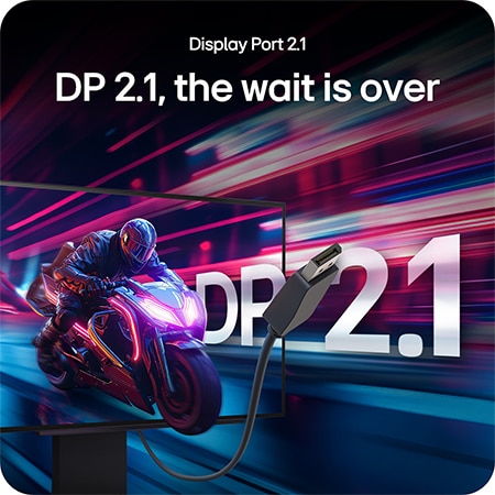 LG Monitor 27GX790A highlighting Display Port 2.1 connectivity, offering ultra-fast data transfer and peak gaming performance.