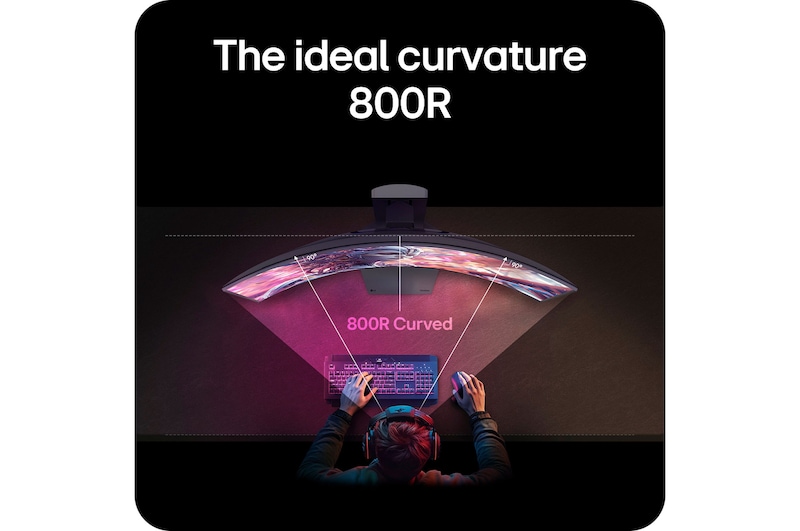 LG Monitor 34GX900A showcasing the optimal 800R curvature, which embraces the user's field of view and delivers maximum immersion for gaming.