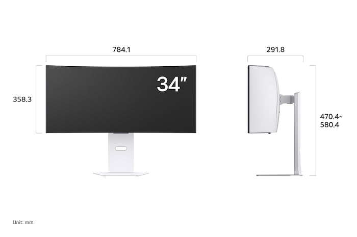 LG Monitor 34GX90SA in a white finish displaying product dimensions of the Curved Display, measuring 784.1 mm width, 358.3 mm display height, 470.4~580.4 mm total height, and 291.8 mm depth.