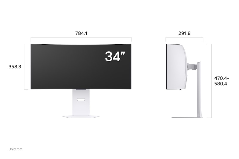 LG Monitor 34GX90SA in a white finish displaying product dimensions of the Curved Display, measuring 784.1 mm width, 358.3 mm display height, 470.4~580.4 mm total height, and 291.8 mm depth.