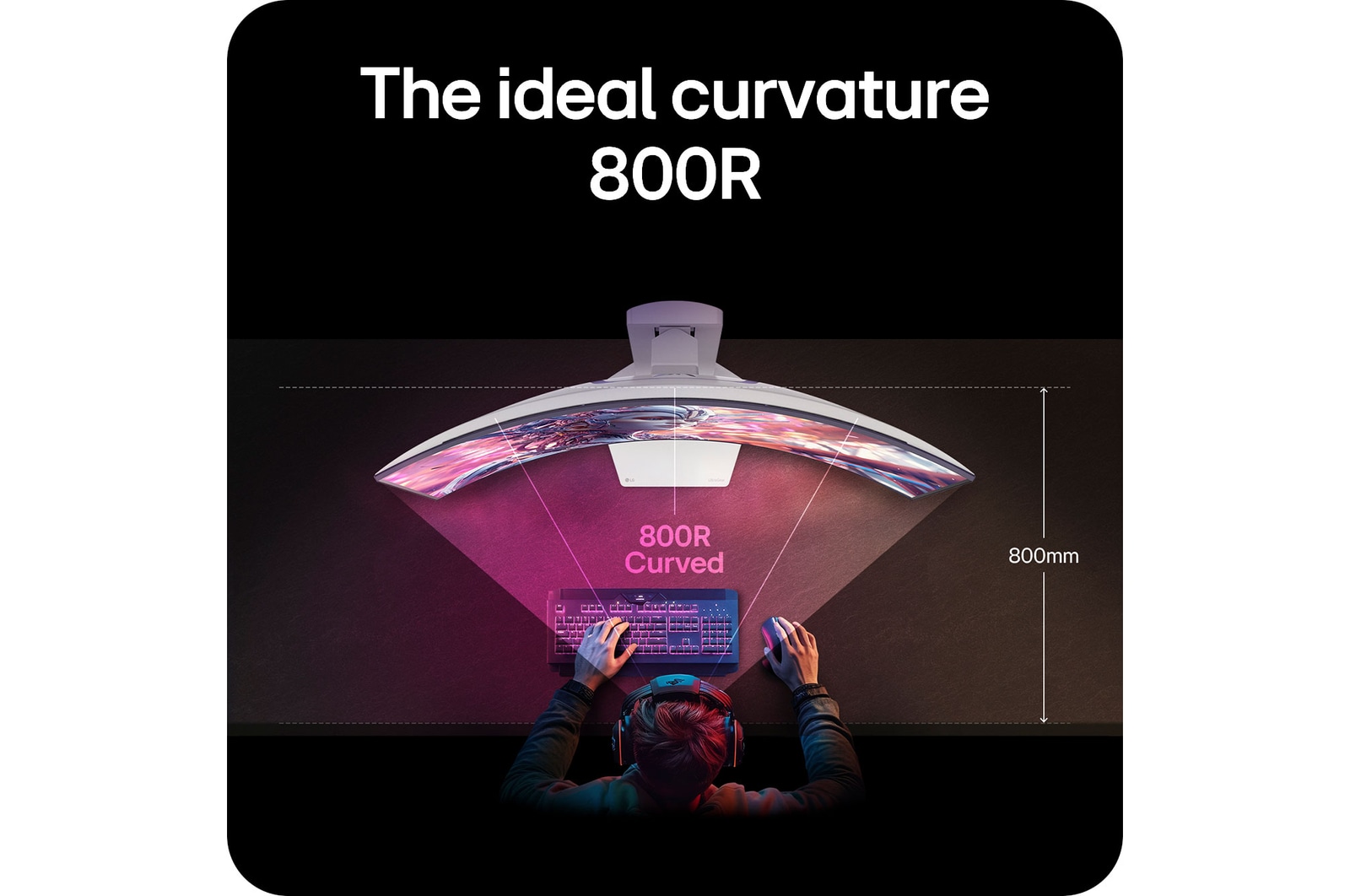LG Monitor 34GX90SA showcasing the optimal 800R curvature, which embraces the user's field of view and delivers maximum immersion for gaming.