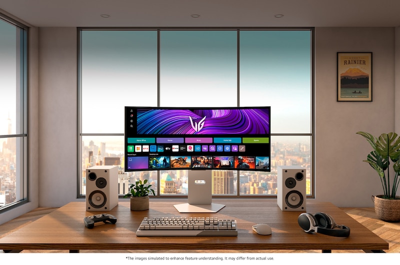 LG Monitor 34GX90SA in a white design positioned at the center of a modern desktop, displaying the webOS interface with gaming and streaming apps for versatile use.