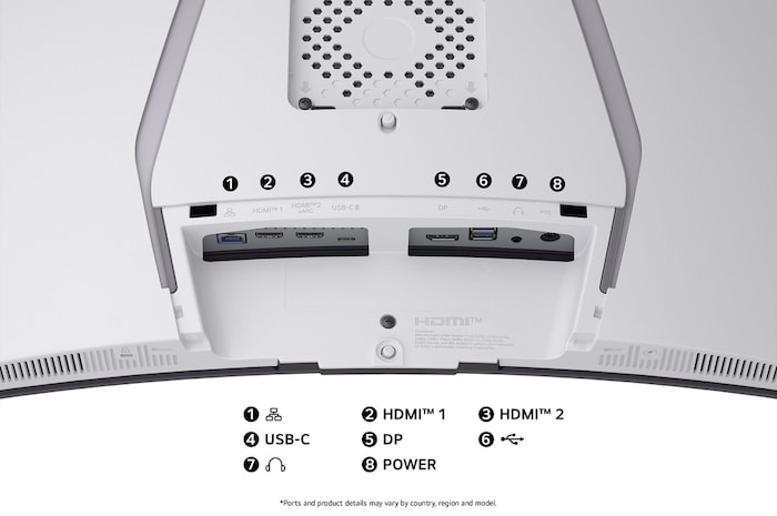 Rear view of the LG Monitor 39GX90SA in a white finish, illustrating the port specifications including dual HDMI™ ports, DP, USB-C, and USB connections.